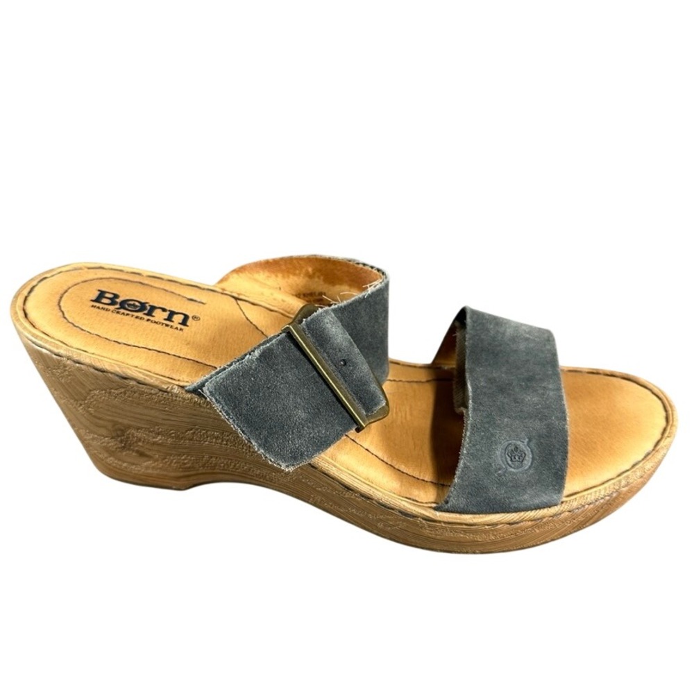 Born Gray Suede Wedge Sandals Two Strap Buckle Slide Wood Grain Heel Womens 9